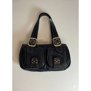 Michael Kors Black Studded Leather Shoulder Bag Gold Tone MK Buckle‎ Accent